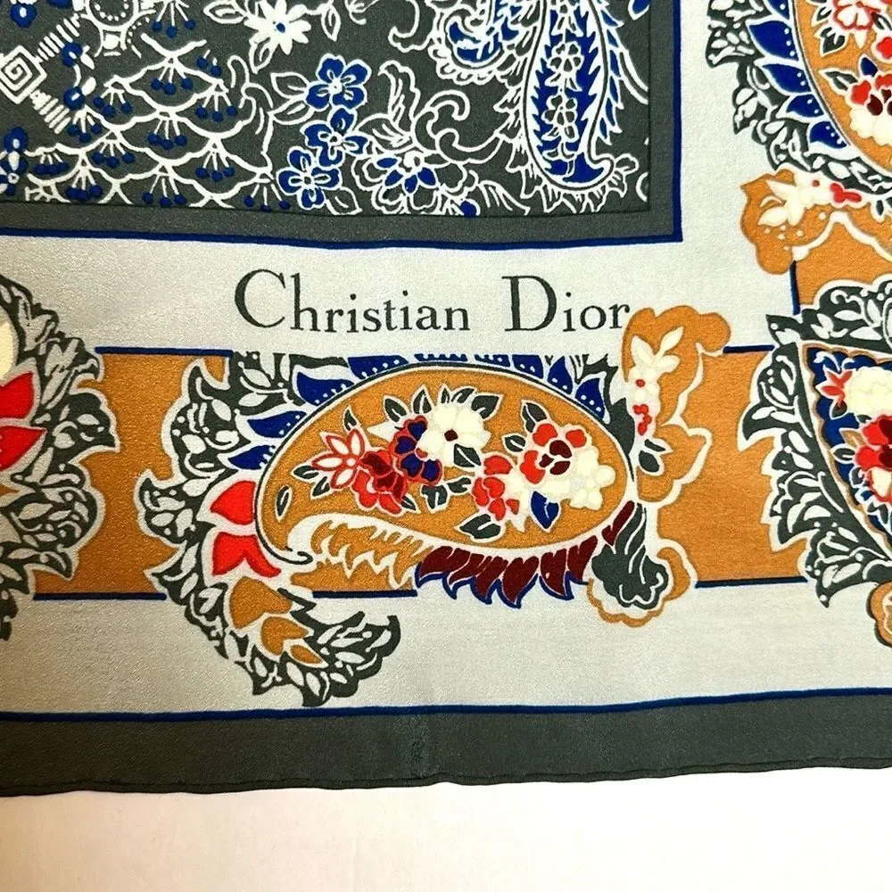 Christian Dior Silk Square Scarf Gray Paisley Hand Rolled Vintage 29x29”